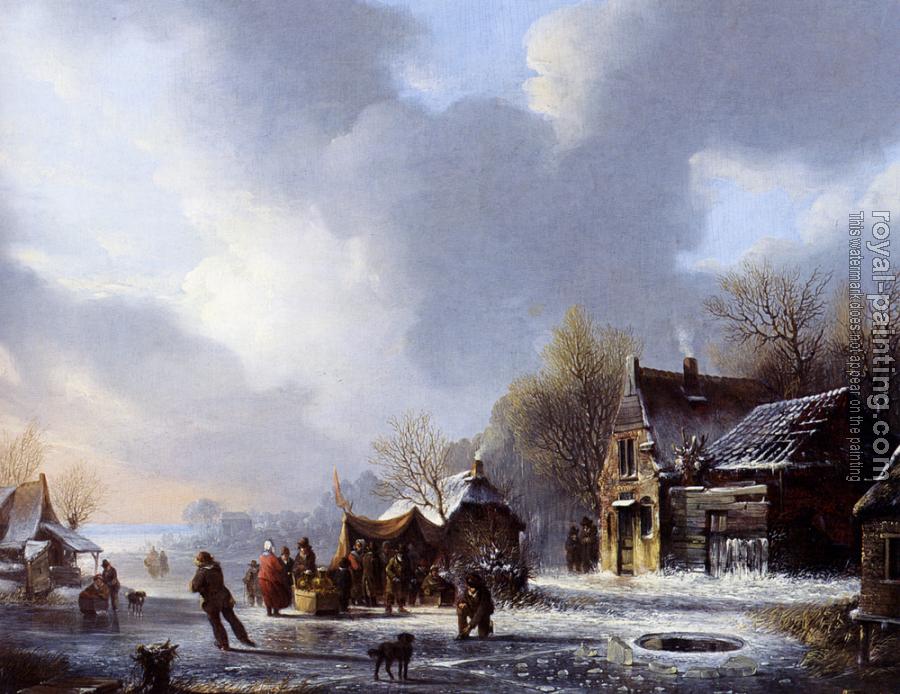 Jacobus Van Der Stok : Skaters On A Frozen River Near A koek En Zopie
